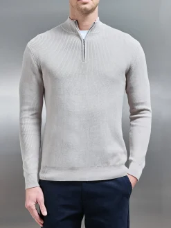 Knitted Ribbed Half Zip Funnel Neck Jumper - Stone