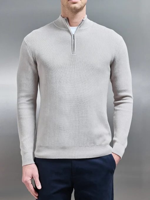 Knitted Ribbed Half Zip Funnel Neck Jumper - Stone
