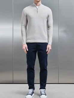 Knitted Ribbed Half Zip Funnel Neck Jumper - Stone