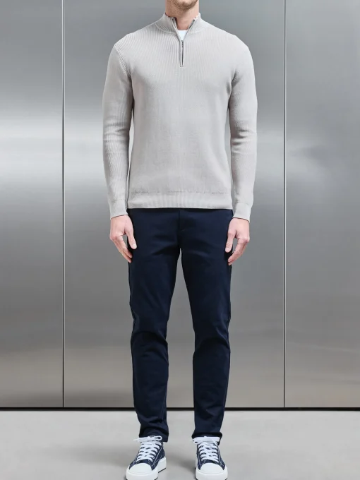 Knitted Ribbed Half Zip Funnel Neck Jumper - Stone