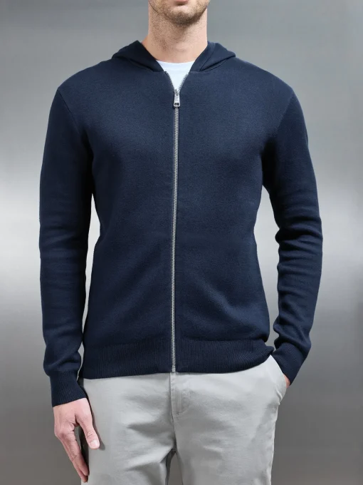 Knitted Zip Through Hoodie - Navy