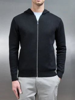 Knitted Zip Through Hoodie - Black