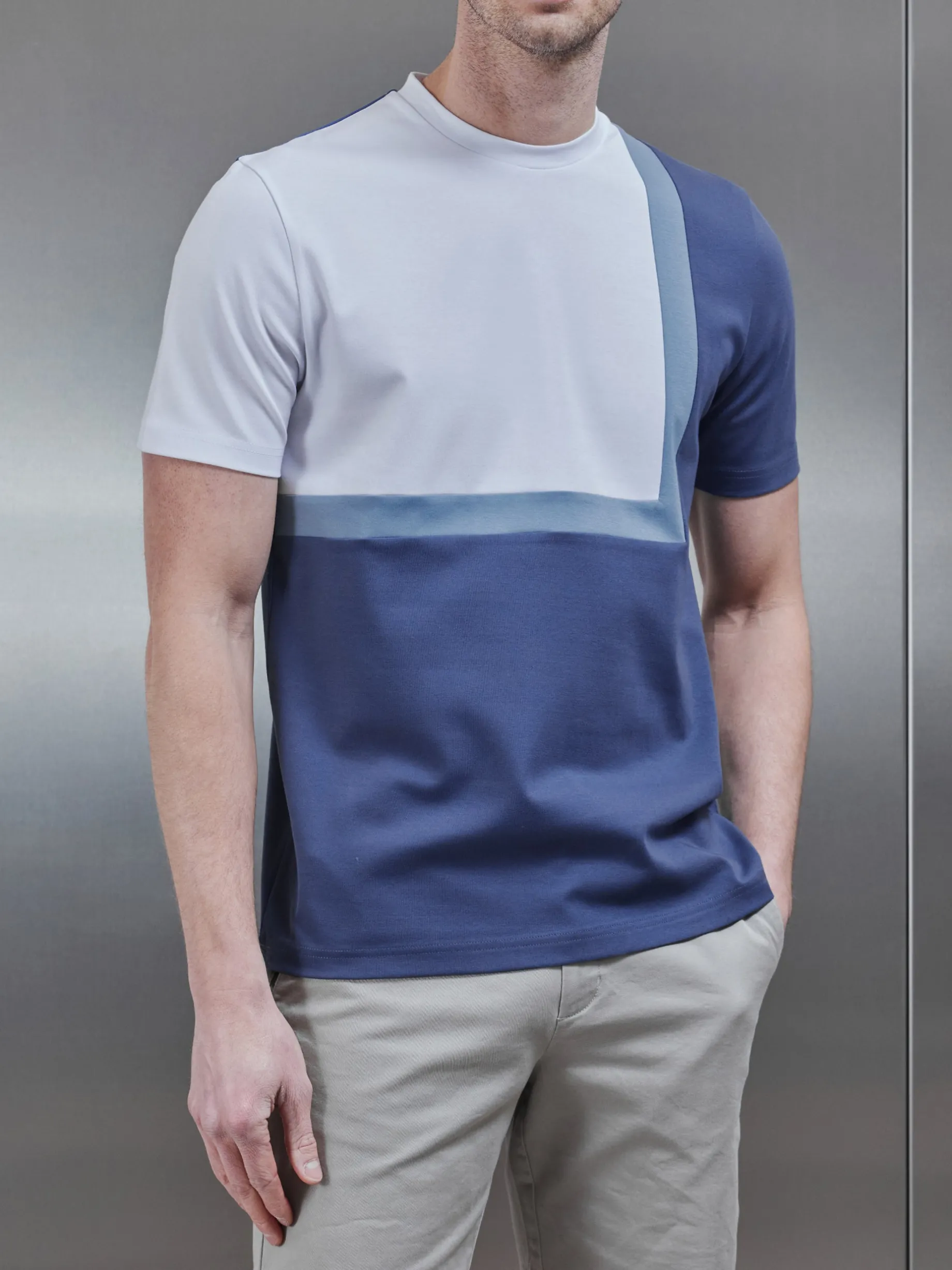 Mercerised Interlock Colour Block T-Shirt - Steel Blue