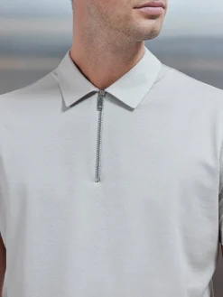 Mercerised Pique Zip Polo Shirt - Stone