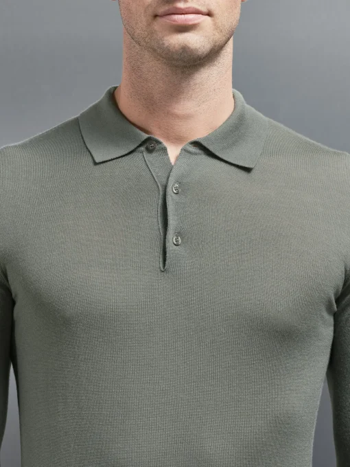 Merino Wool Long Sleeve Button Polo Shirt - Sage