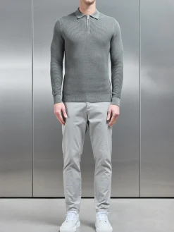 Ribbed Textured Long Sleeve Knitted Zip Polo - Sage