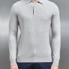 Square Textured Long Sleeve Button Polo Shirt - Stone