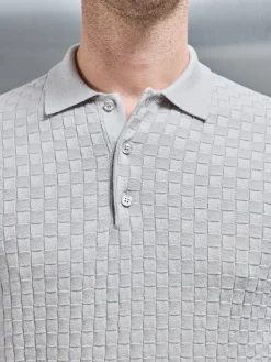 Square Textured Long Sleeve Button Polo Shirt - Stone