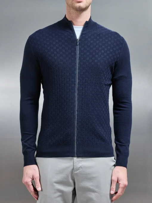 Square Textured Zip Through Jacket - Navy