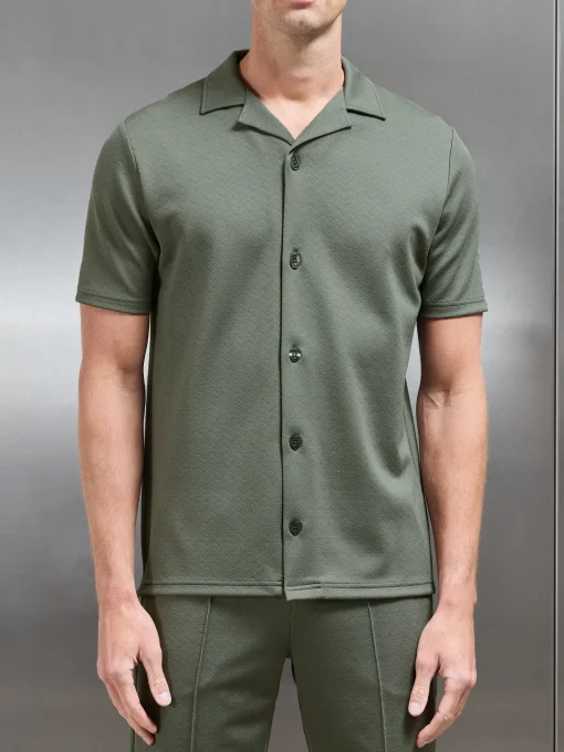 Textured Interlock Revere Collar Shirt - Olive
