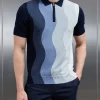 Wave Knitted Zip Polo Shirt - Navy