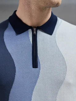 Wave Knitted Zip Polo Shirt - Navy