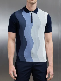 Wave Knitted Zip Polo Shirt - Navy