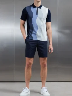 Wave Knitted Zip Polo Shirt - Navy