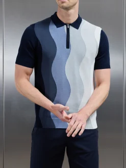 Wave Knitted Zip Polo Shirt - Navy