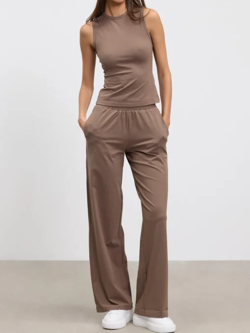 Womens Cotton Modal Wide Leg Pull On Trouser - Taupe