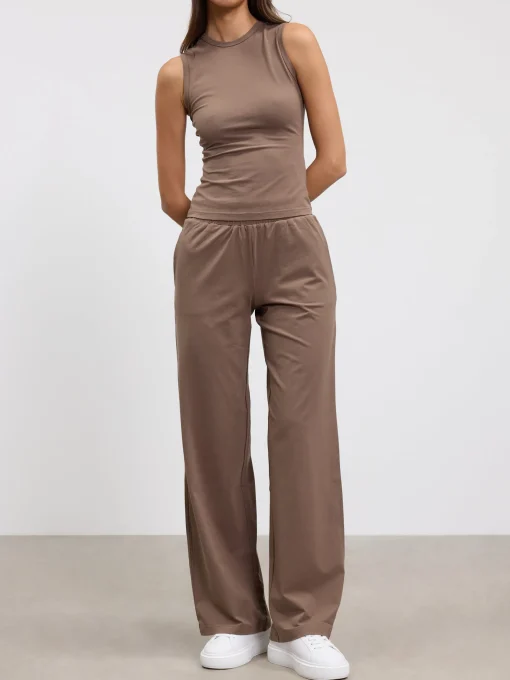 Womens Cotton Modal Wide Leg Pull On Trouser - Taupe