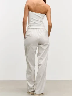 Womens Pull On Stripe Cotton Trouser - Stone